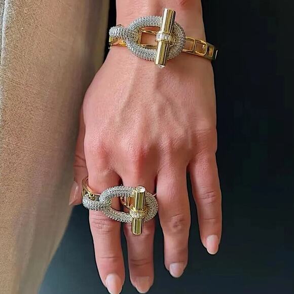 Gold Zircon Bangle Bracelet Two Finger Ring Set Luxury 18K Gold Plated - Picture 4 of 15